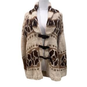 Hand Knit Llama Wool Chunky Sweater Western Boho Aztec Medium Brown Beige Shawl